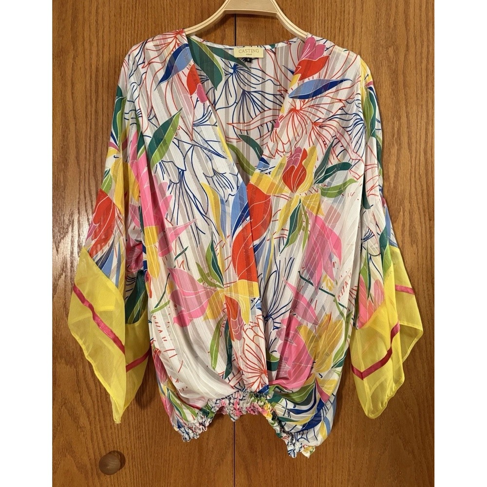 Casting Made in France Tunic Cover Up Wm 2 L Tropical Faux Wrap Sheer‎ Oversized